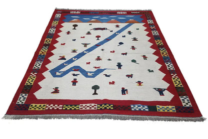 Kilim rug (112x80 cm) with a cream-colored base, many colorful symbols, and fringes