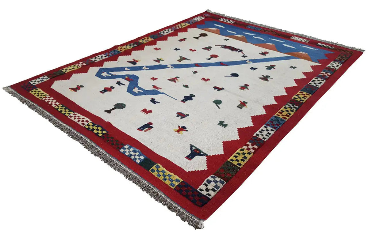 Kilim rug with a cream-colored background, red border, and many small figurative motifs