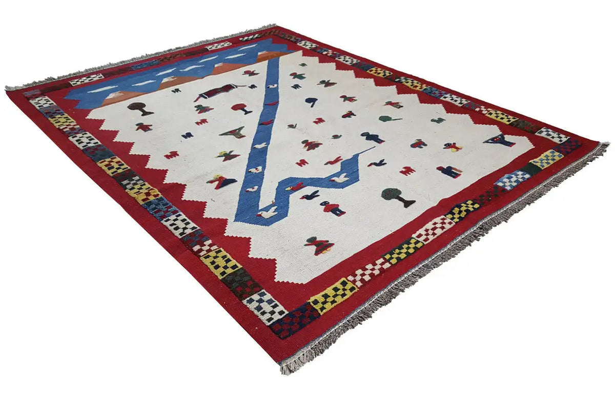 Kilim rug with a cream-colored background, a large blue zigzag band, and a red corner border