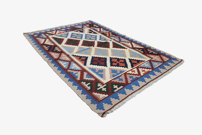 Kilim rug with geometric pattern (blue, red, cream), rectangular