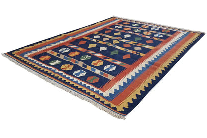 Dark blue kilim rug with square patterns, a wide border and fringes