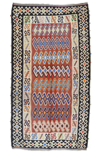 Kilim rug with Qashqai pattern, zigzag design, and multicolored border