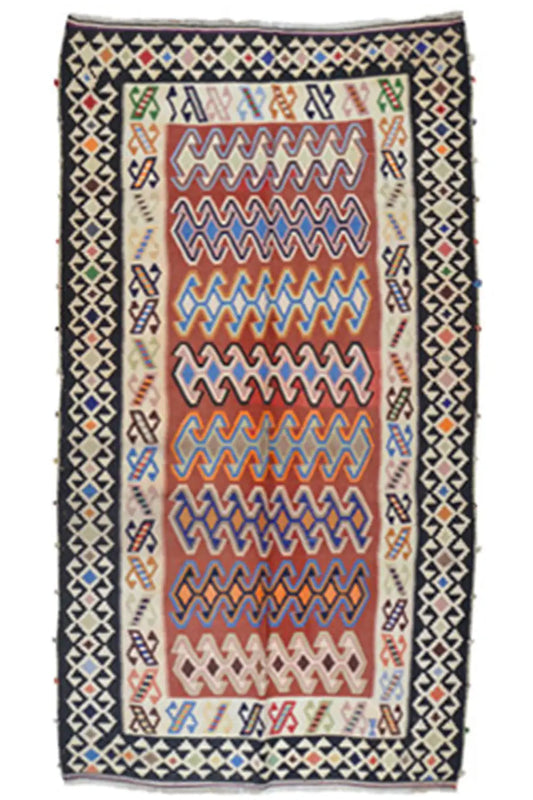 Kilim rug with Qashqai pattern, zigzag design, and multicolored border