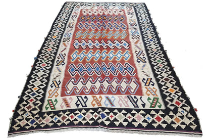 Kilim rug, rectangular, Qashqai pattern in red, blue, cream and black