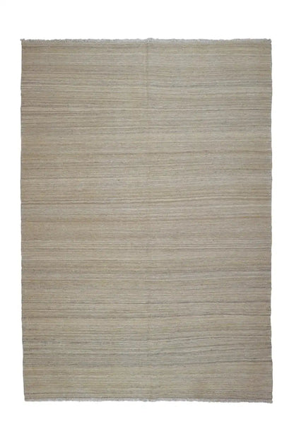 Rectangular kilim rug, light beige with fine lines, fringed edges