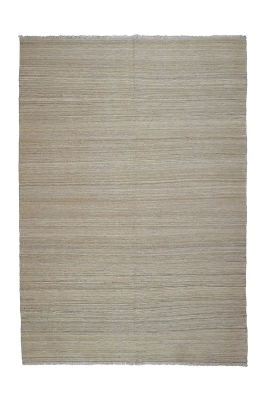 Rectangular kilim rug, light beige with fine lines, fringed edges