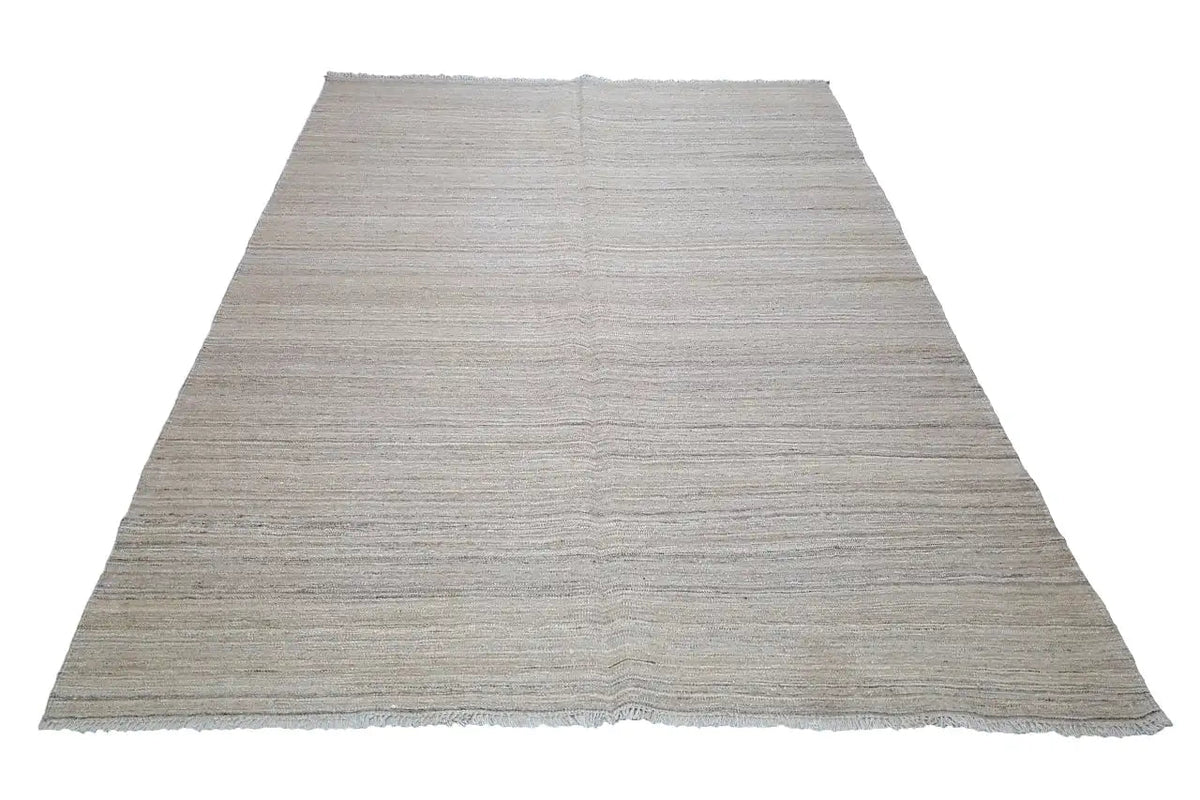 Flat-woven kilim rug, light beige with a subtle striped look, hemmed