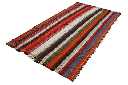 Jajim rug with multicolored stripes in red, blue, beige, and fringes
