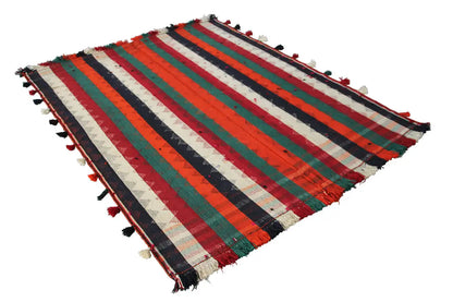 Jajim rug, broad striped pattern in red, green, and blue, finished with tassels all around.