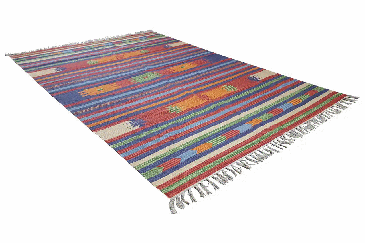 Modern multicolored kilim rug with a striped pattern and fringes along the edges