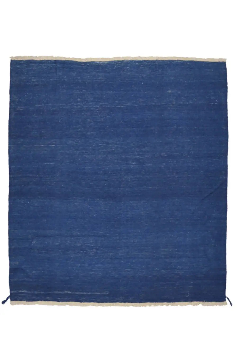 Blue kilim rug with a beige border and fringes on all sides