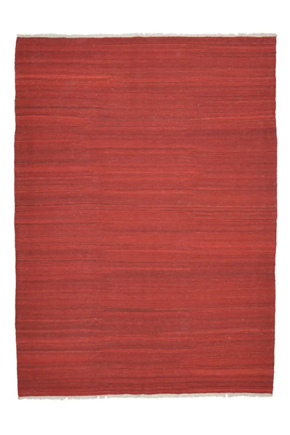 Red simple kilim rug with solid-color areas and a fine horizontal weave structure