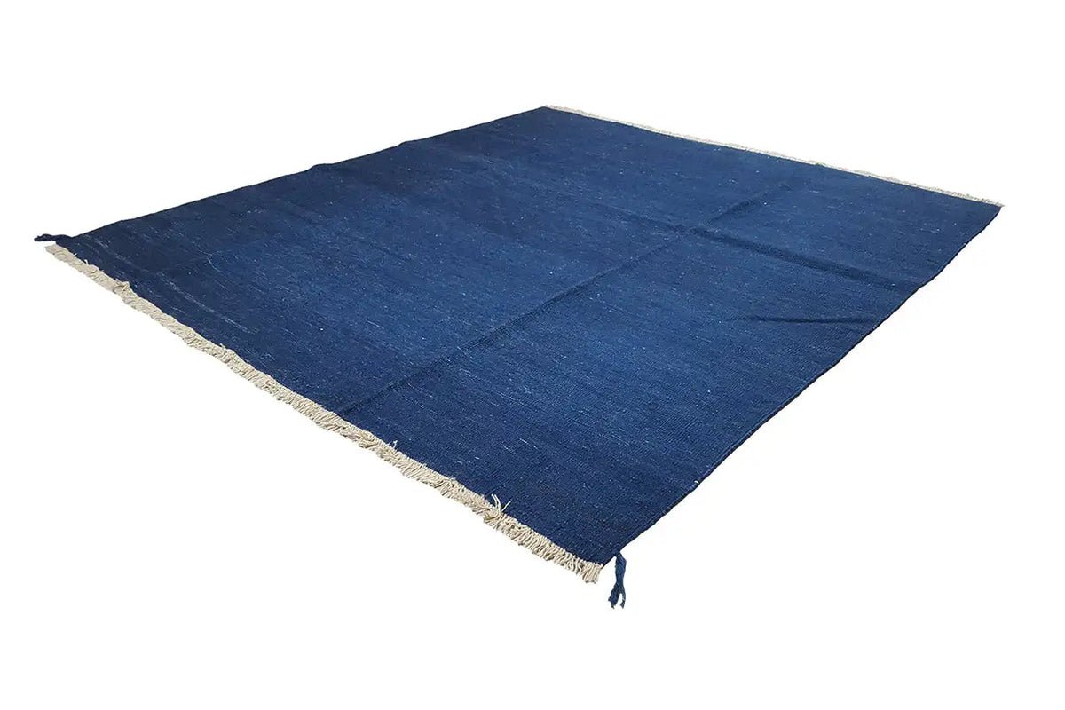 Blue Kilim rug with a beige border and fringe