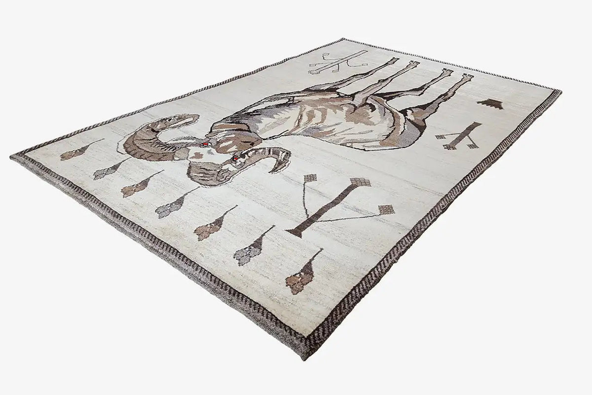 Gabbeh rug with lion motif, cream-colored background and brown border, 191x122 cm