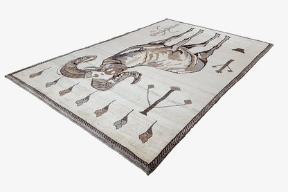 Gabbeh rug with lion motif, cream-colored background and brown border, 191x122 cm