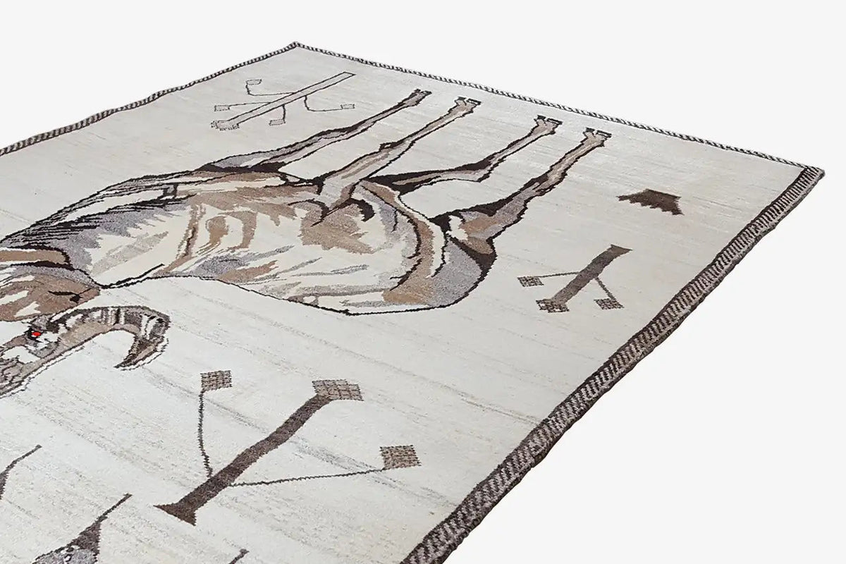 Gabbeh rug with lion figure and plant ornaments, cream-colored, brown lines, border