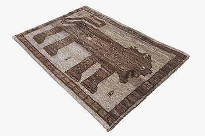 Gabbeh rug with geometric pattern, brown and beige, rectangular (90x61 cm)