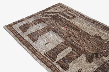 Gabbeh rug with a striped and block pattern, brown and beige areas, rectangular