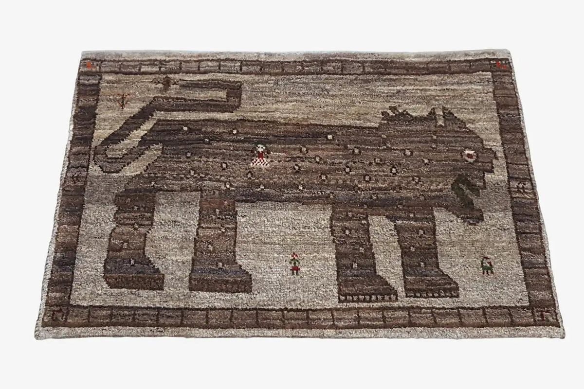 Gabbeh rug with a light central field and dark border, brown/beige, rectangular