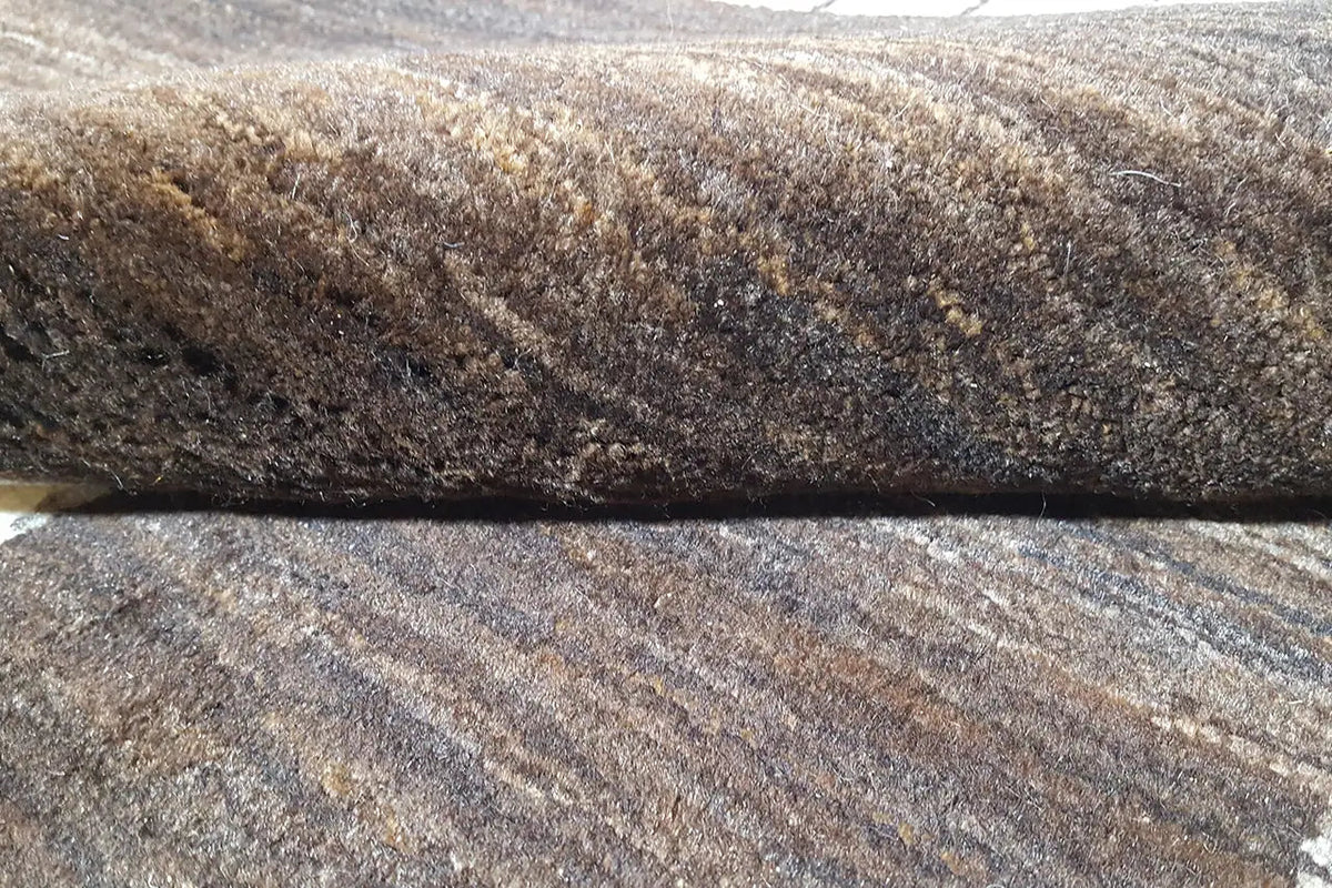 Gabbeh rug with multicolored pile texture, dark border along the edge