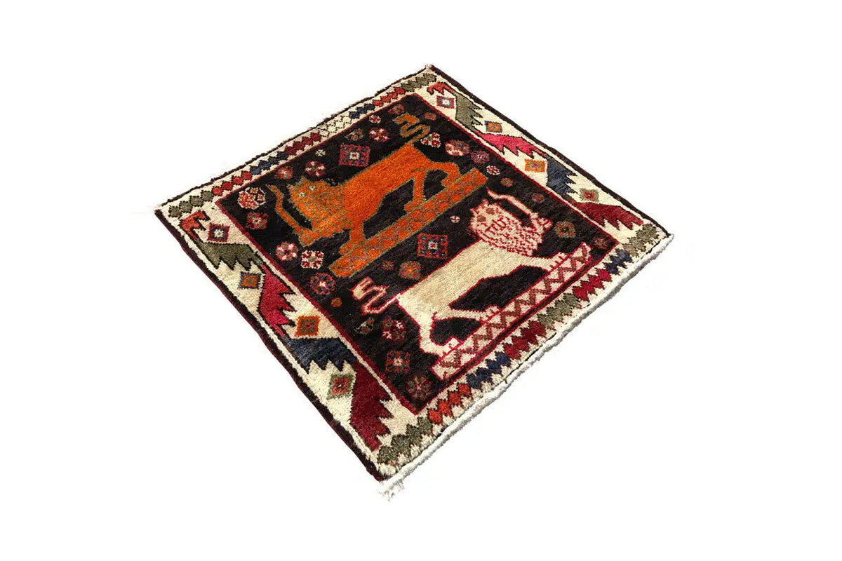 Teppich Poschti Qashqai with orange-black animal pattern and fringes, 63×58 cm
