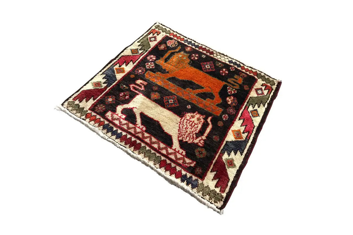 Poschti Qashqai rug with geometric border and orange-black animal motifs, 63×58 cm