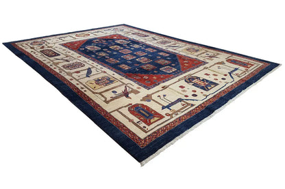 Classic rectangular rug with a blue center and cream-colored border