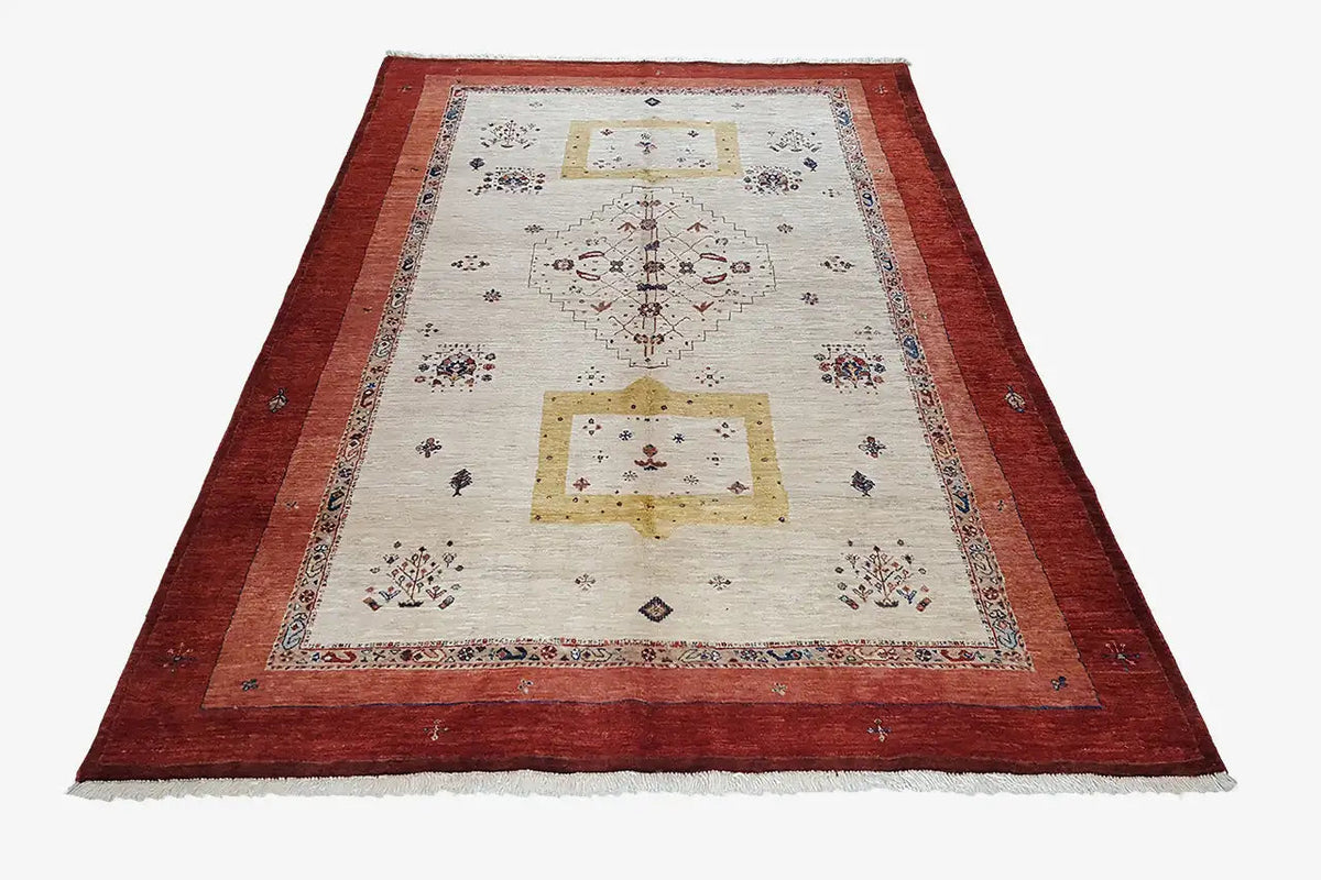 Rectangular rug, white background, reddish-brown border, central medallion area
