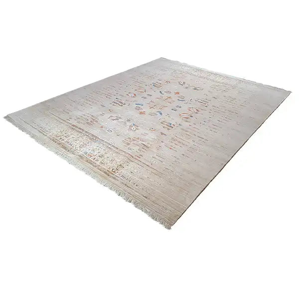 Designer rug with a beige vintage pattern and fringes, rectangular, flat-woven