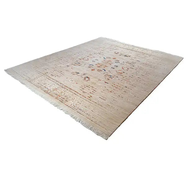 Rectangular designer rug: beige background with vintage motif and fringes