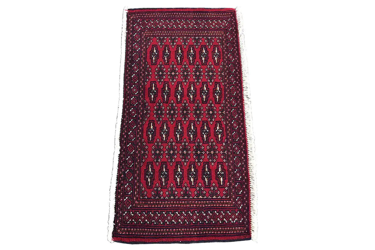 Turkmen carpet 110x51 cm with dark red geometric pattern and border trim