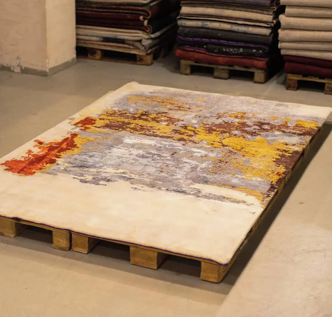 Designer rug with a vintage abstract pattern: light gray, red and yellow