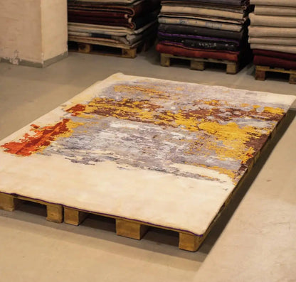 Designer rug with a vintage abstract pattern: light gray, red and yellow