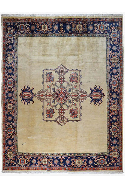 Heriz rug with a cream-colored field, blue border, and red ornamental pattern