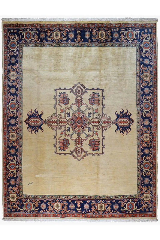 Heriz rug with a cream-colored field, blue border, and red ornamental pattern