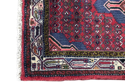 Rug edge with fringe, red-dark blue ornamental field and multicolored border