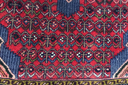 Detail of an oriental rug with a red and dark blue vine and diamond pattern
