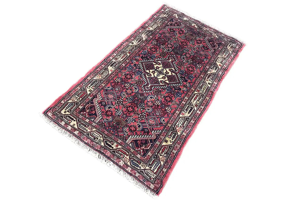 Rectangular Hamadan rug 135x77 cm, red pattern with dark blue and a light decorative border
