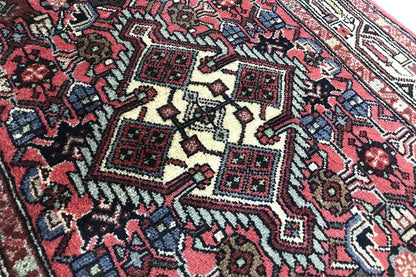 Close-up of a Hamadan rug: red and dark blue ornament, light contrasting lines and borders