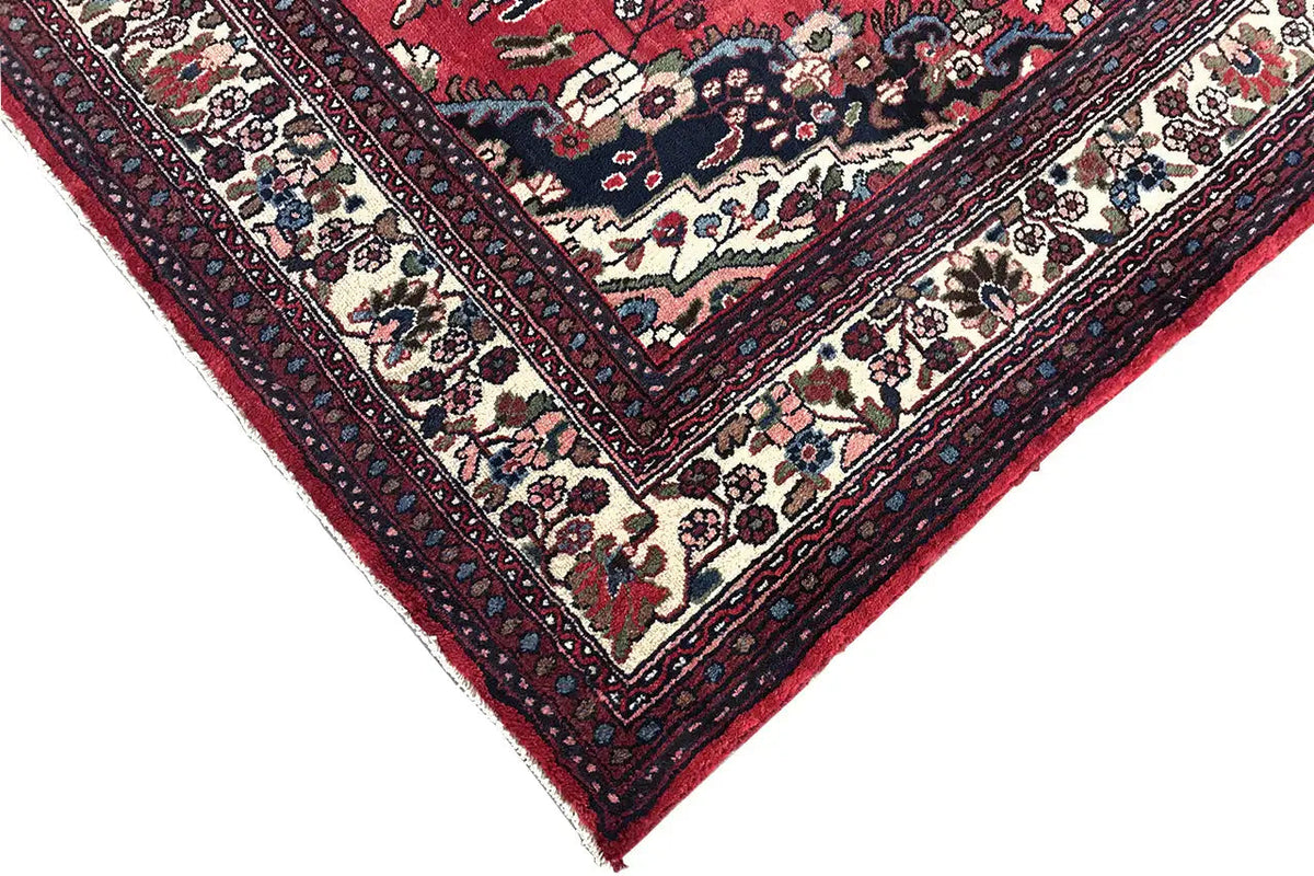Hamadan carpet corner with border, red edge, and ornamental stripes in dark blue/beige