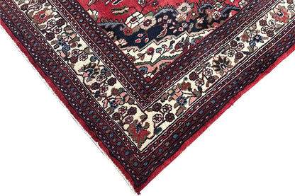 Hamadan carpet corner with border, red edge, and ornamental stripes in dark blue/beige