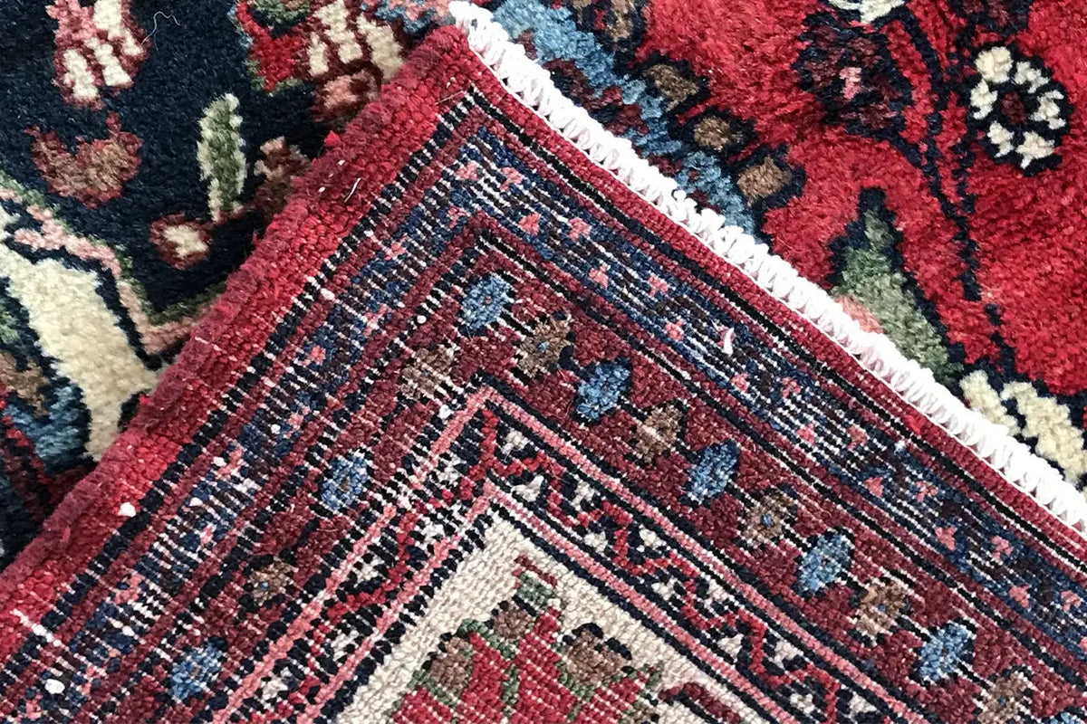 Hamadan rug border detail: red patterned field with multicolored ornaments