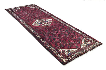 Hamadan runner with border and red pattern, central medallion, and multicolored ornament
