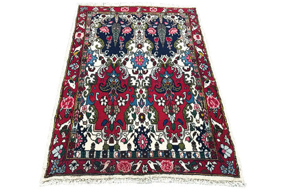 Bakhtiari rug 142x104 cm, red-white-blue ornaments with a floral border frame