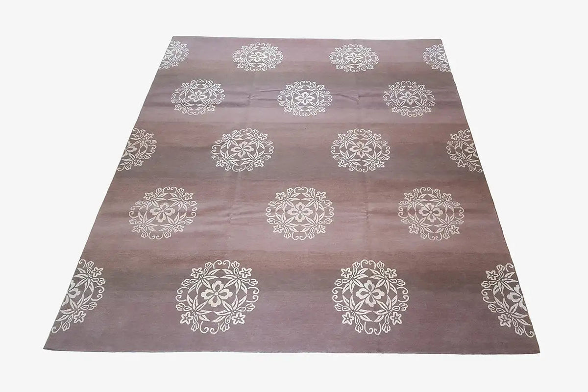 Bo Hamsa designer rug with beige ornamental circles in brown, 312 x 255 cm