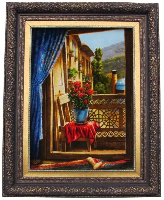 Wall tapestry with balcony motif: blue curtain, red cloth, flowers in a vase
