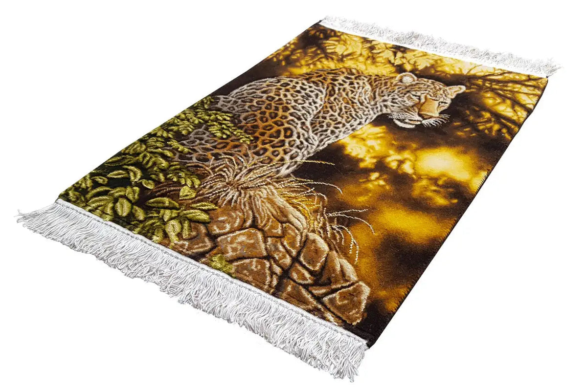 Tapestry 61x44 cm, angled, leopard motif in the jungle, tassel fringe