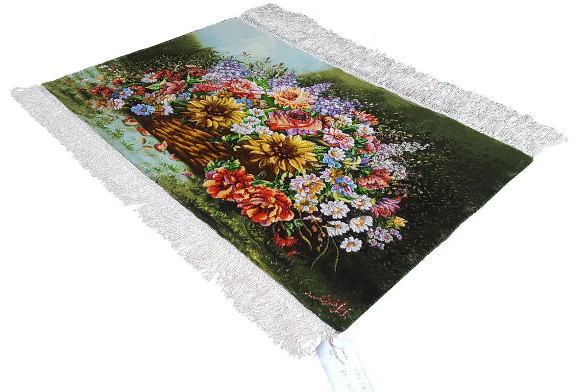 Floral wall tapestry with fringe, rectangular, flowers in a basket, 84x52 cm