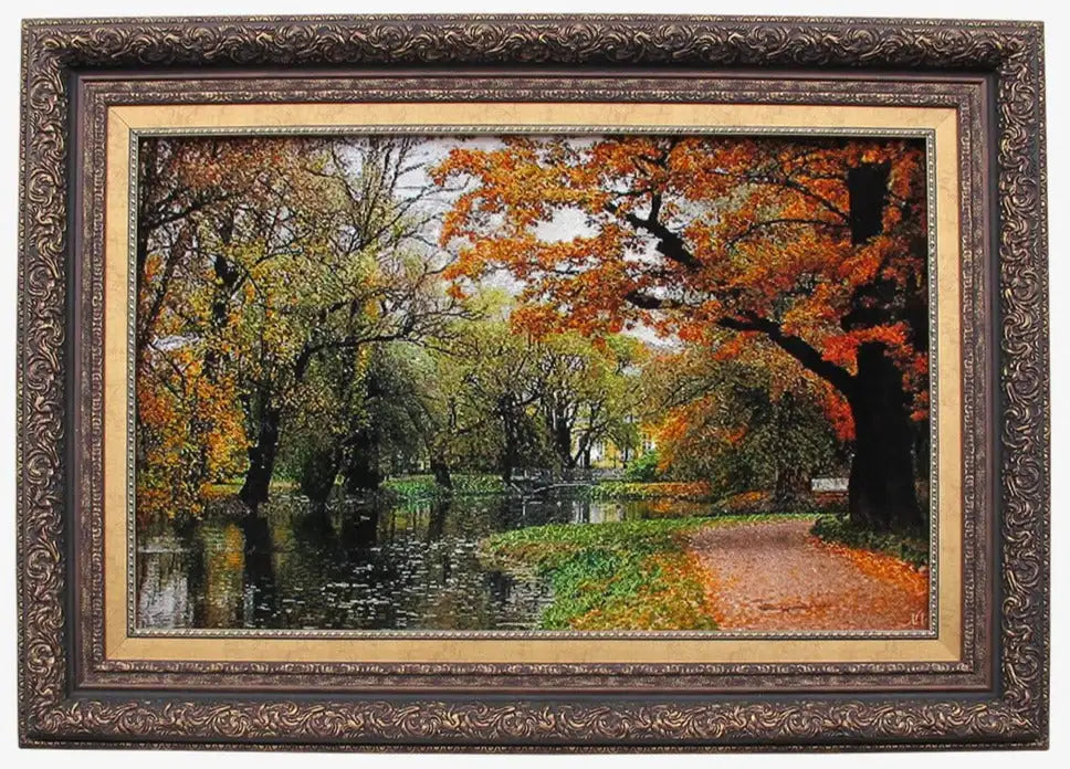 Framed rug with an autumn forest motif, brown-gold frame, rectangular design