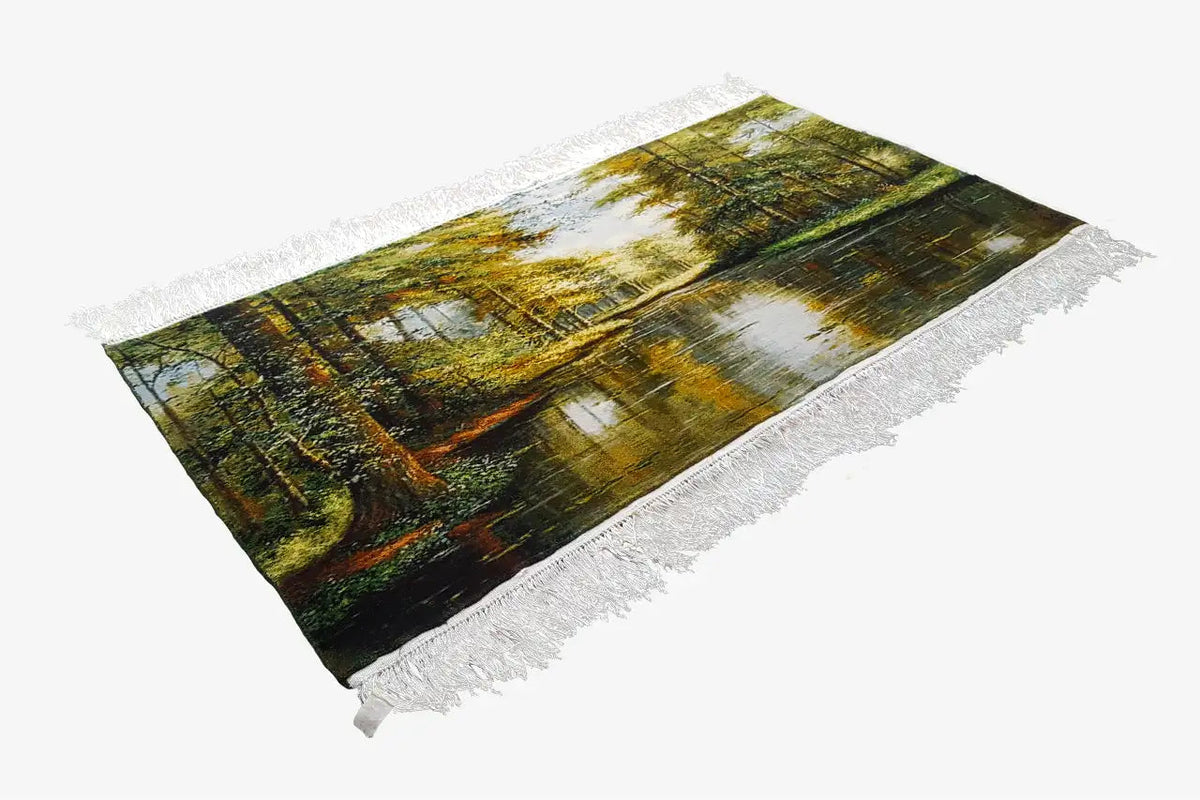 Rectangular multicolored tapestry with a forest clearing by the lake and white fringed edge